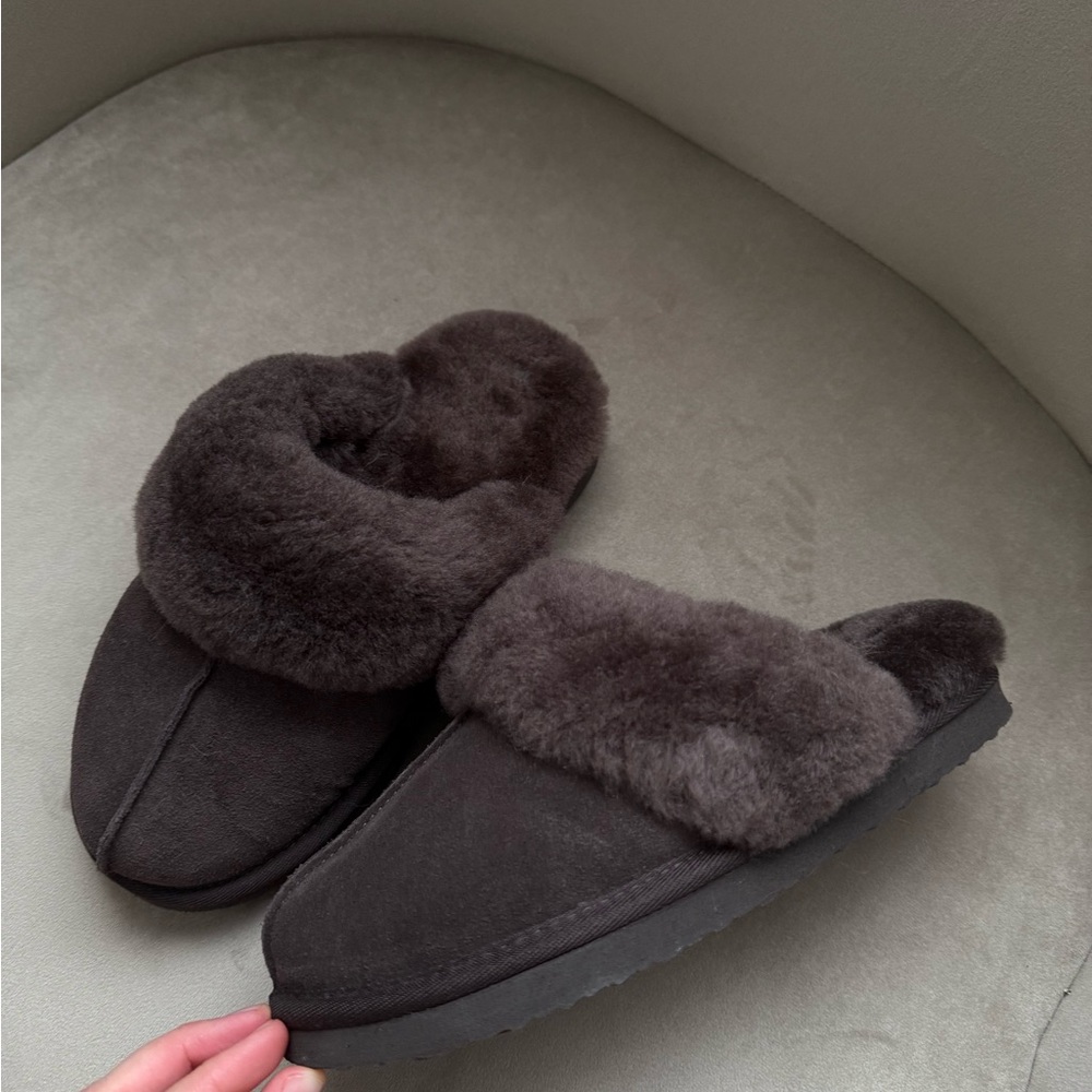 Genuine suede and fur Women's Slippers - Brown